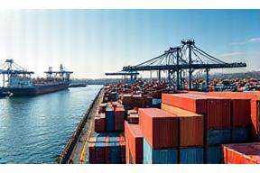 Global shipping containers in a port