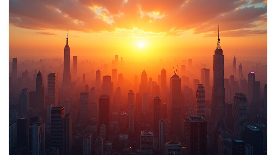 Sunrise over a bustling city indicating economic growth