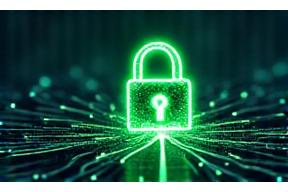 Digital lock icon with glowing green lines