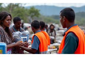 Emergency aid workers distributing supplies